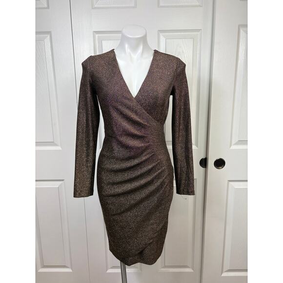 DKNY Women's V-Neck Metallic Black Gold Cocktail Dress Size 2 Long Sleeve NWT - Picture 1 of 9